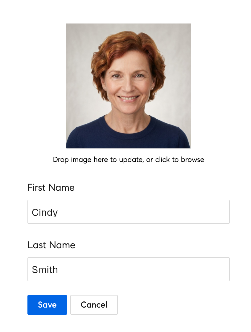 Edit form with the photo dropzone, first and last name fields, and Save and Cancel buttons.